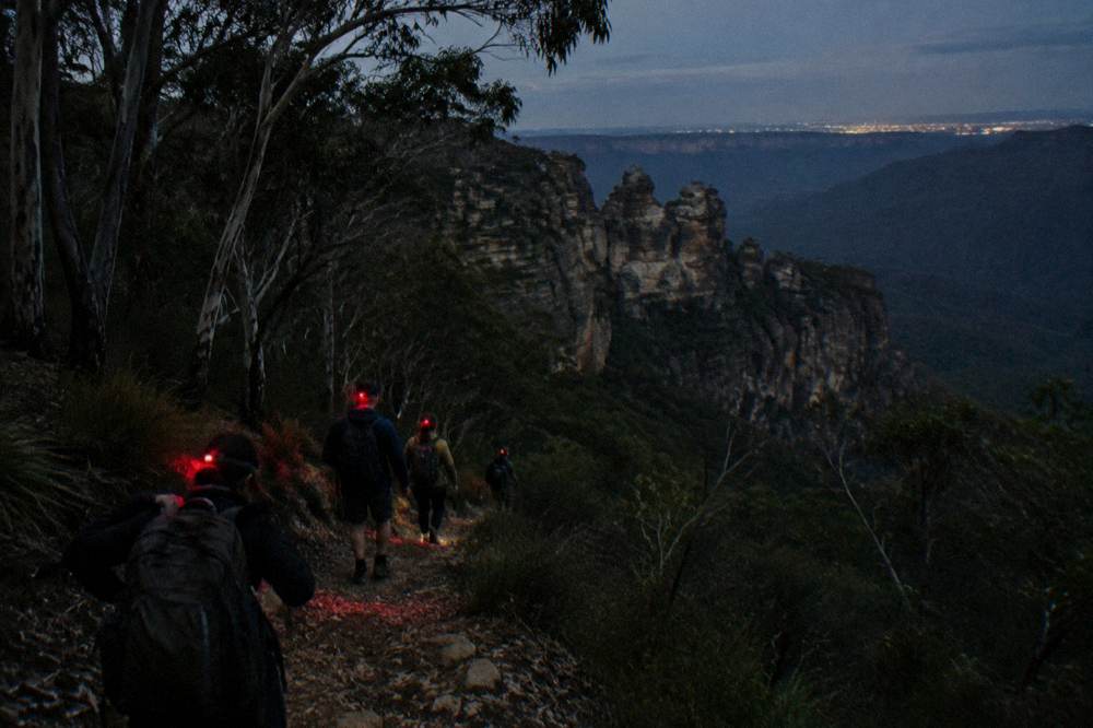 A small group of walkers with red headlamps following a guide along a dark bush track at night
