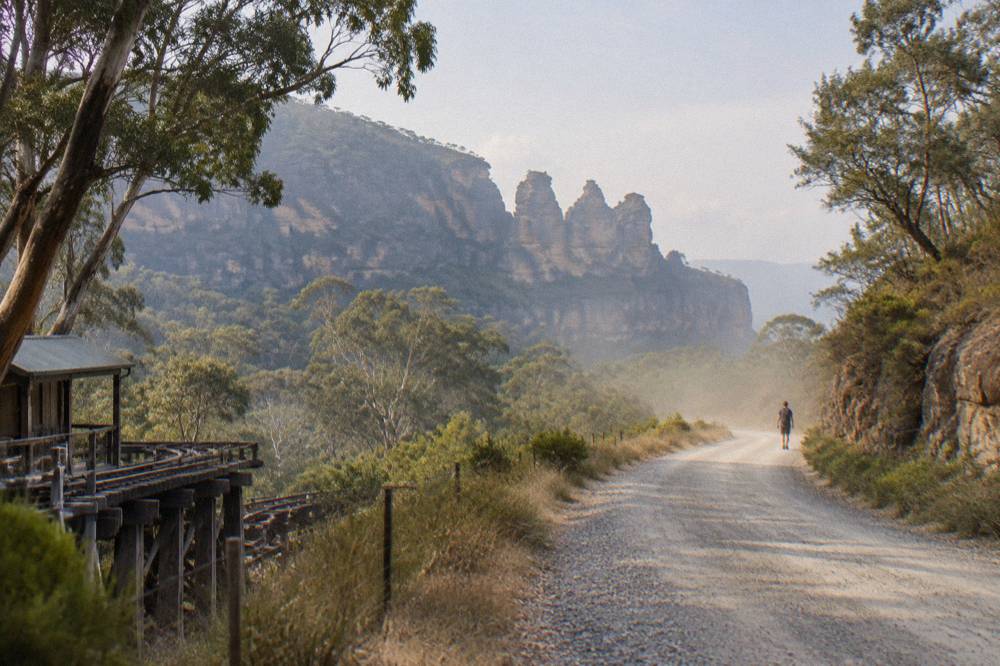Narrow gravel road curving through open woodland with sandstone pagoda formations in the distance