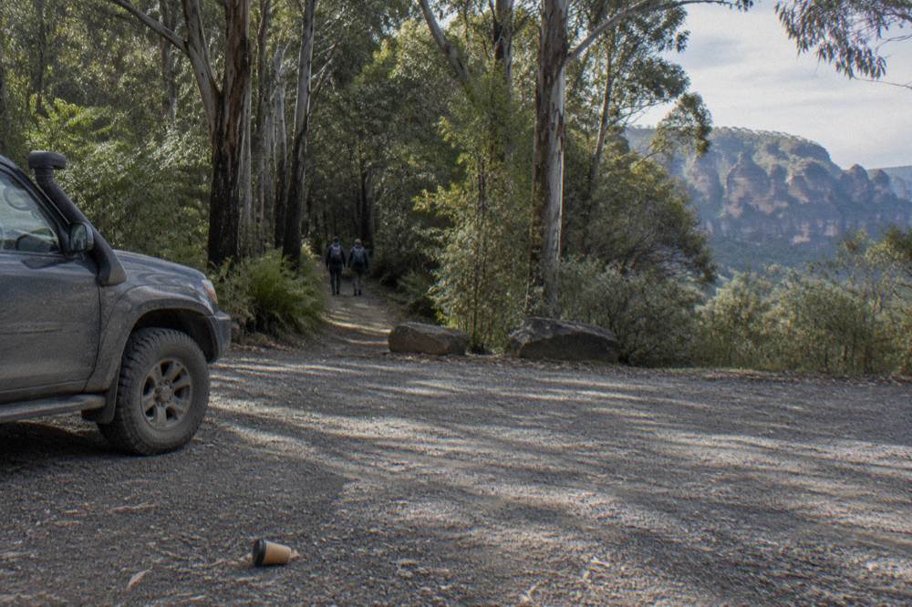 Small dirt carpark edged by trees with a walking track disappearing into shaded forest