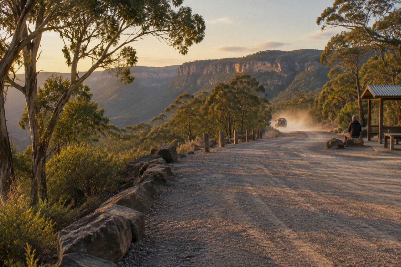 Unsealed gravel road winding through dry eucalypt forest toward a distant sandstone plateau