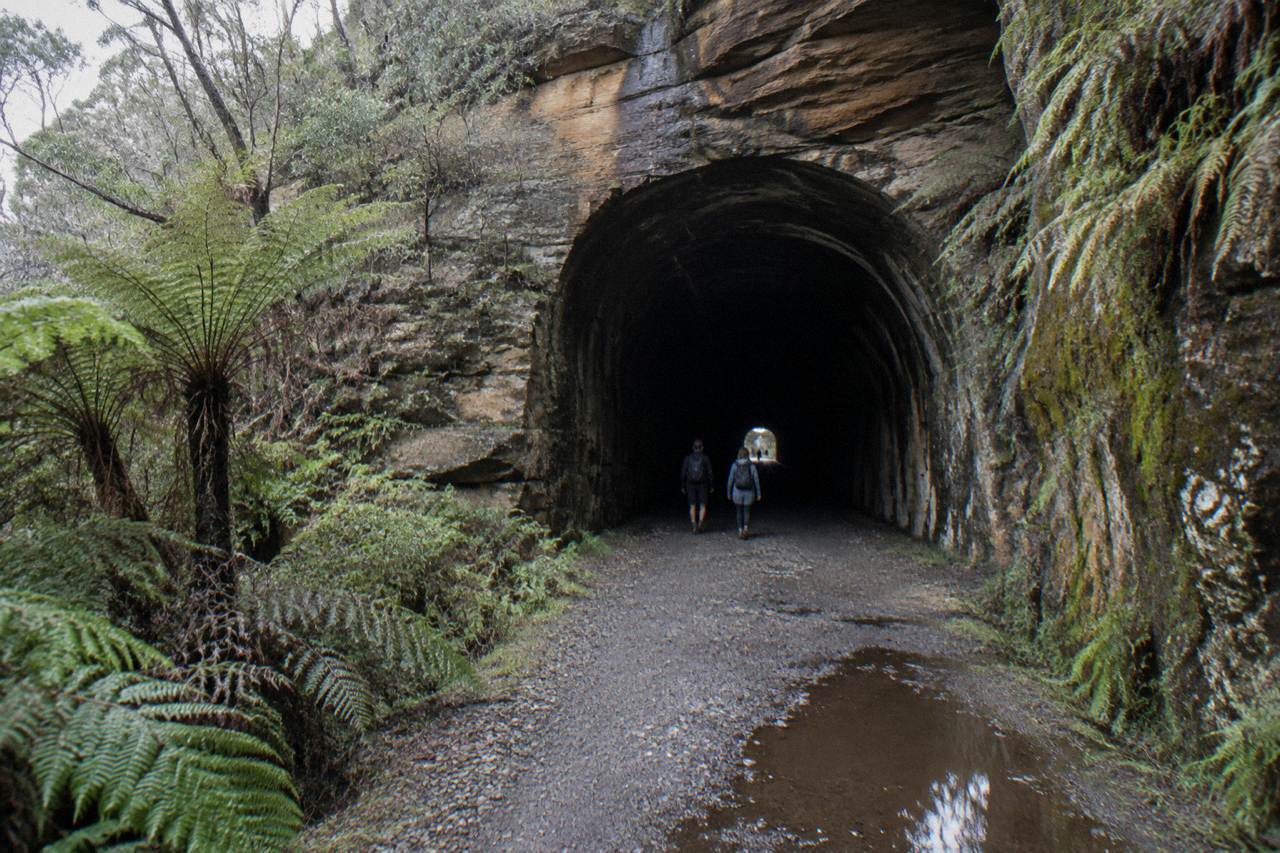 A dark abandoned railway tunnel in Wollemi National Park with a rough stone path leading inside.