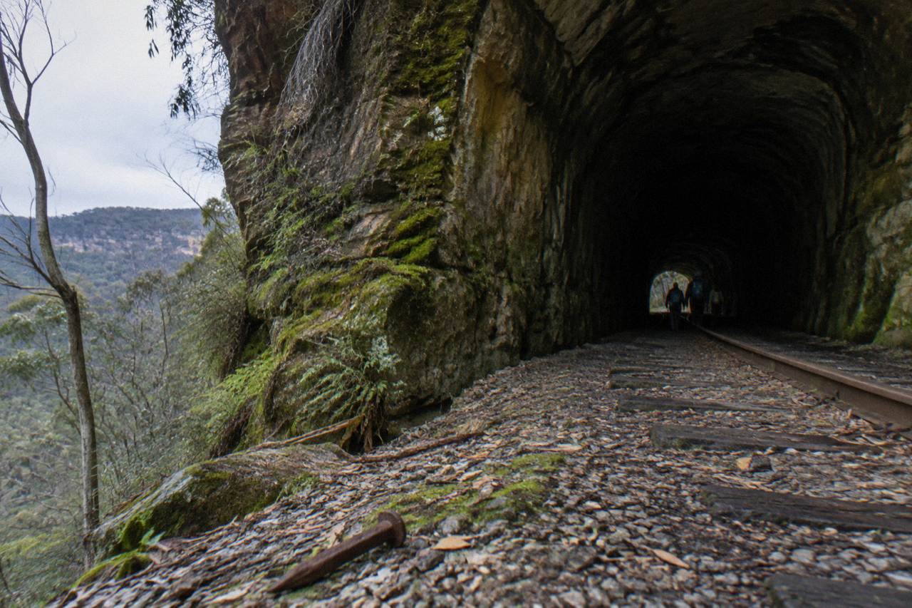 Dark abandoned railway tunnel curving into the bushland of Wollemi National Park