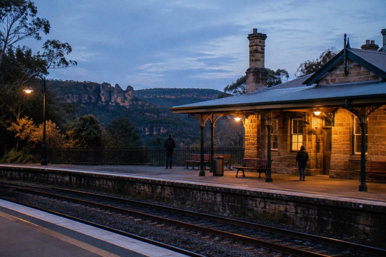 A train platform in the Blue Mountains at dusk with forested escarpment in the distance
