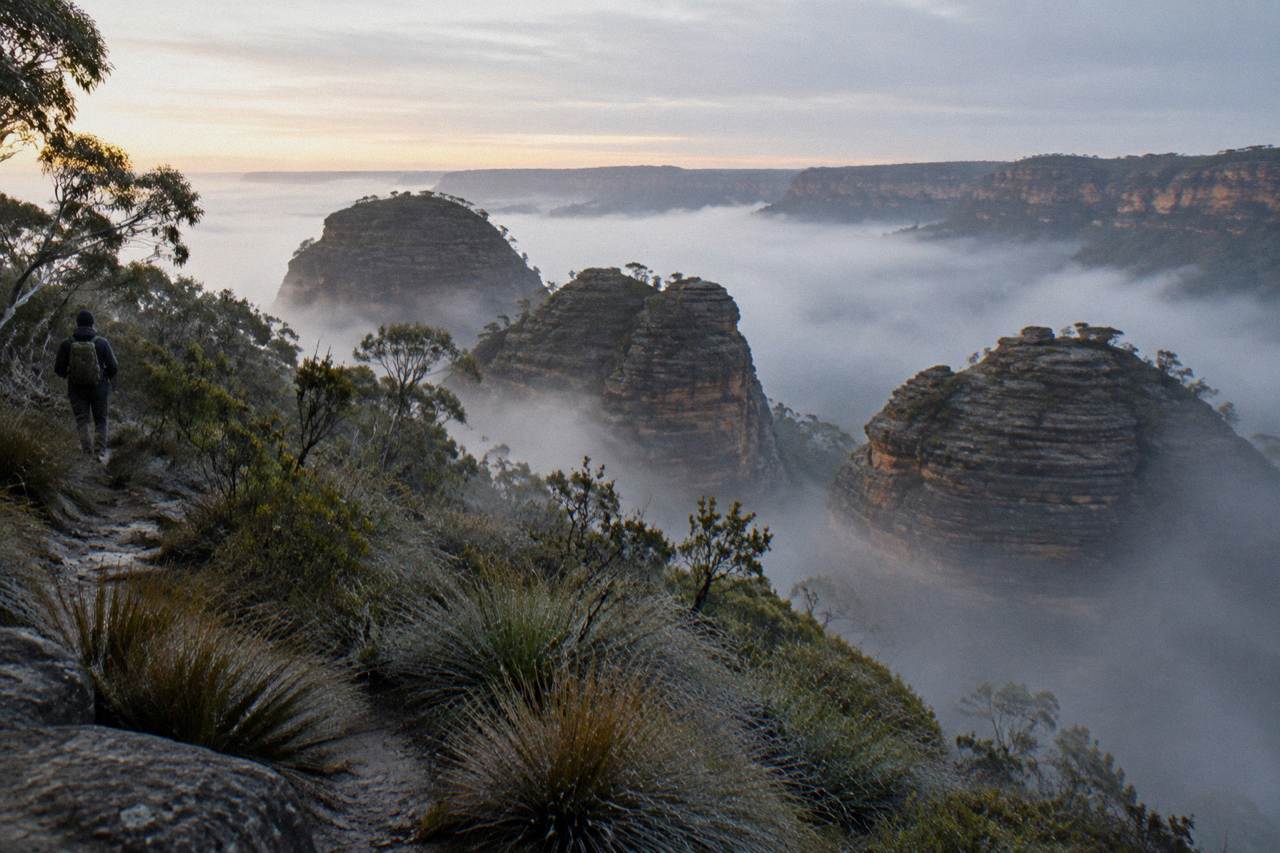 Sandstone pagoda rock formations rising above forested gullies in Wollemi National Park at dusk