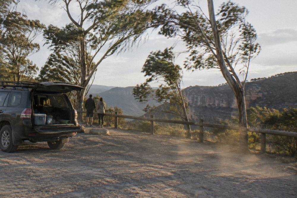 A gravel road through dry eucalypt forest leading toward the Glow Worm Tunnel carpark