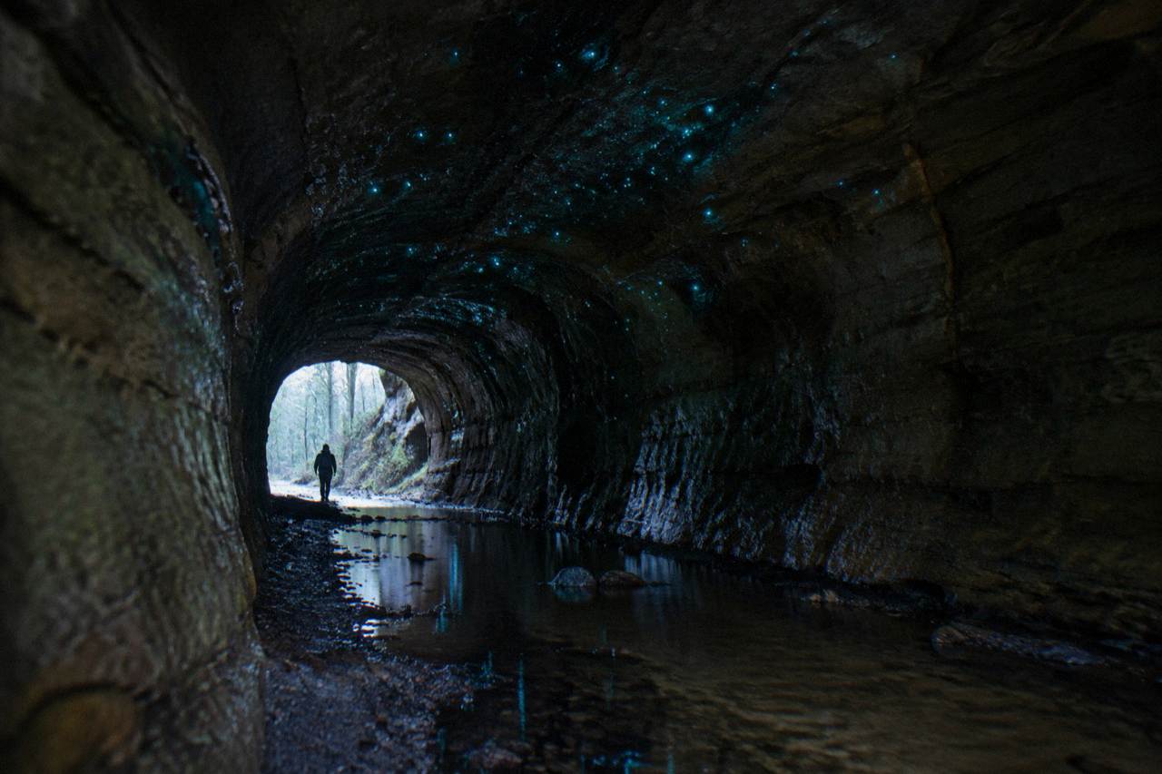 A dark sandstone railway tunnel in Wollemi National Park with faint blue-green light along its ceiling