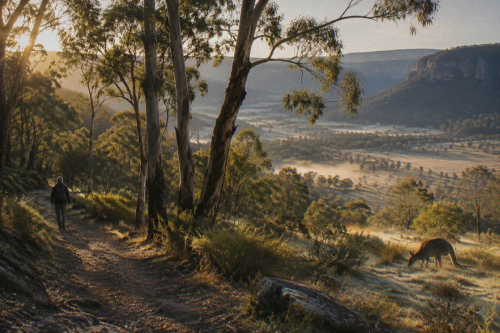 A quiet bushwalking track winding through tall eucalypt forest in early morning light