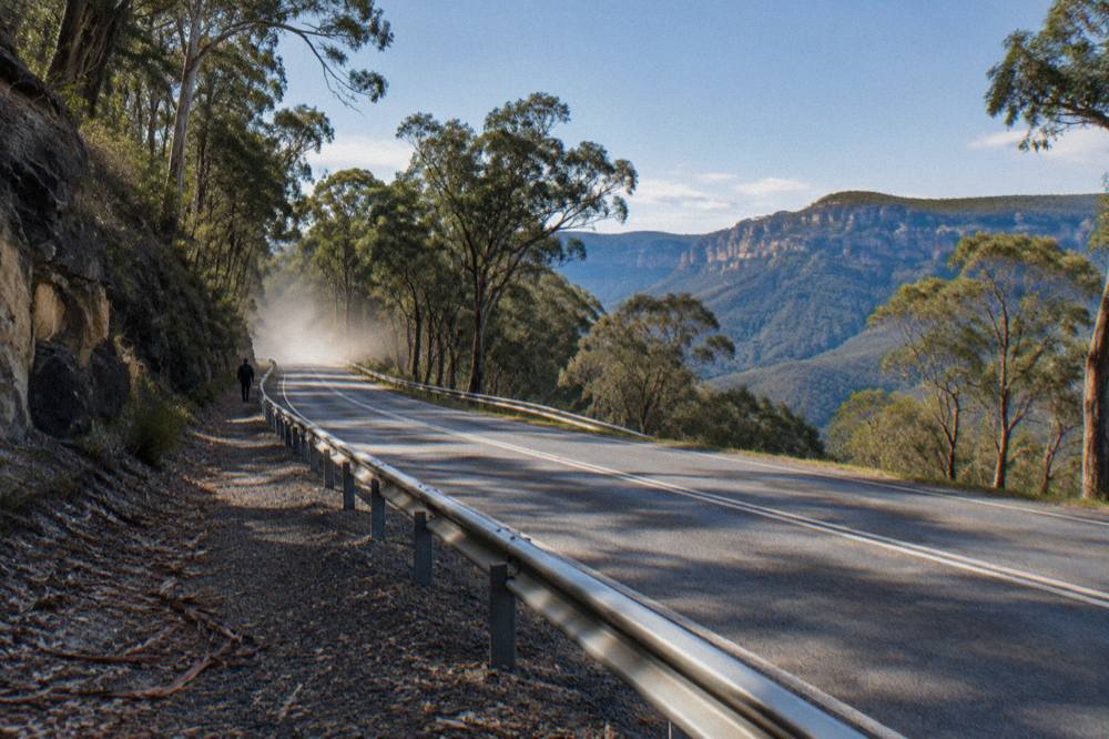 Great Western Highway winding up through eucalypt forest toward the Blue Mountains