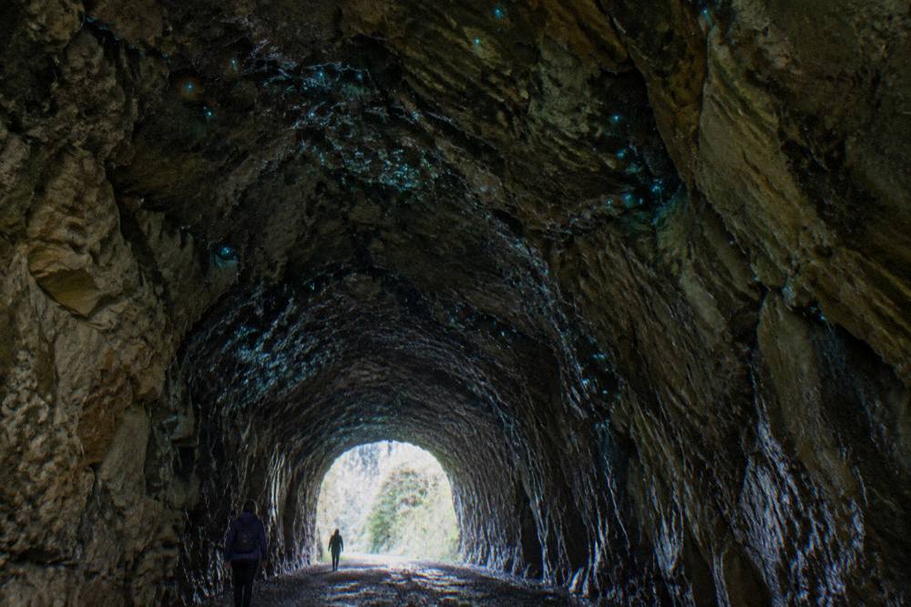 Glow worm lights scattered across the dark ceiling of an old railway tunnel