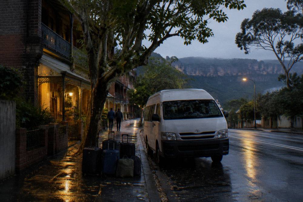 A small van parked on a dark Blue Mountains road at night with headlights off