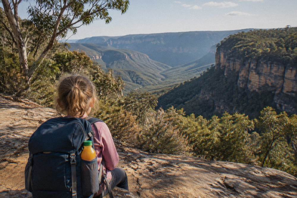 A child in a hiking backpack looking out over a forested valley from a sandstone ledge