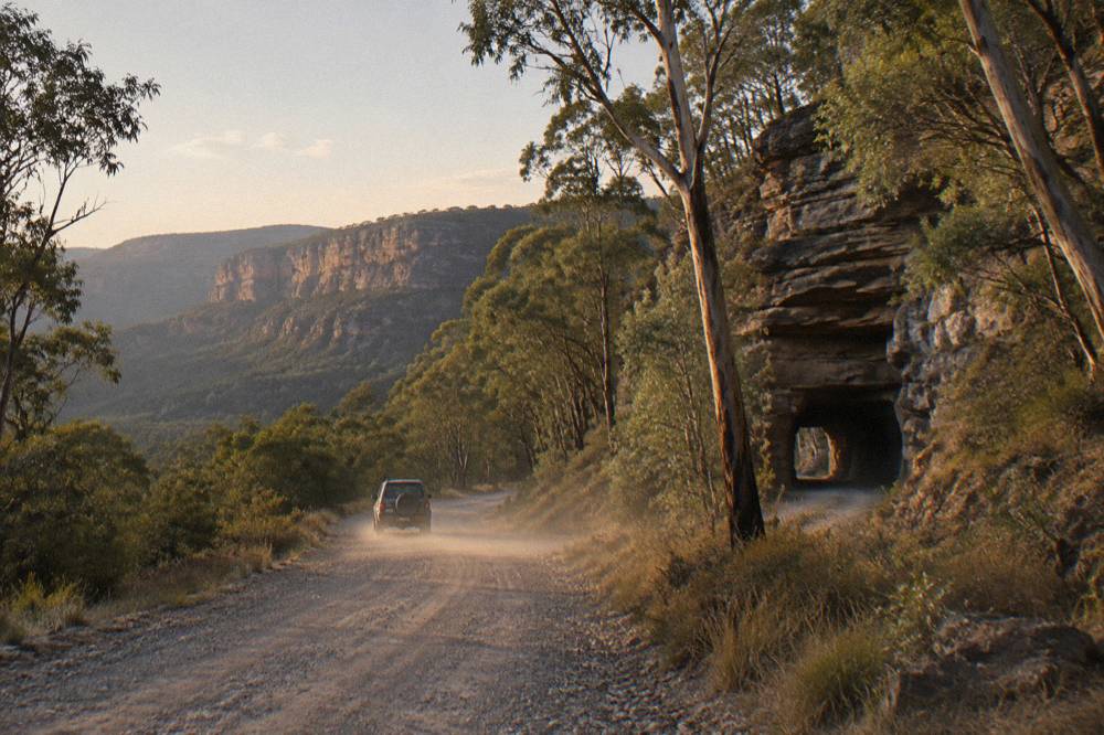 An unsealed gravel road winding through eucalypt forest toward distant sandstone cliffs