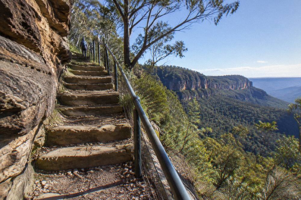 A constructed stone stairway along a cliff edge above a forested valley
