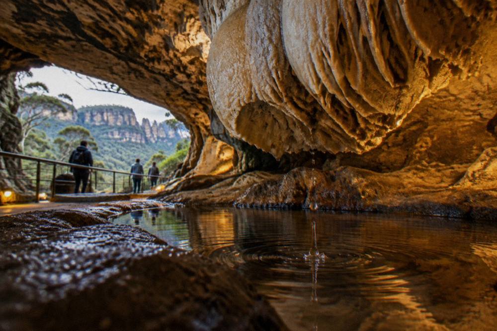 Floodlit limestone formations inside a show cave chamber