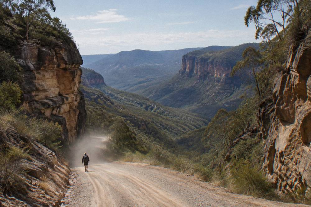 A gravel road winding down between tall sandstone cliffs into a forested valley