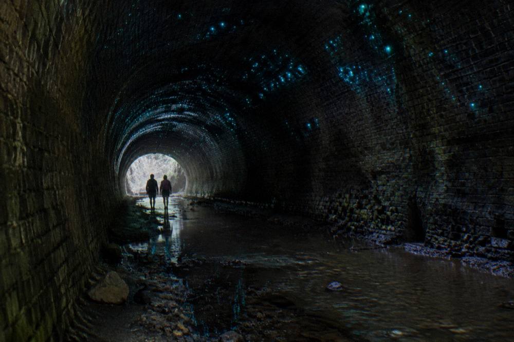 Dark interior of a long disused railway tunnel with faint blue-green lights on the damp ceiling