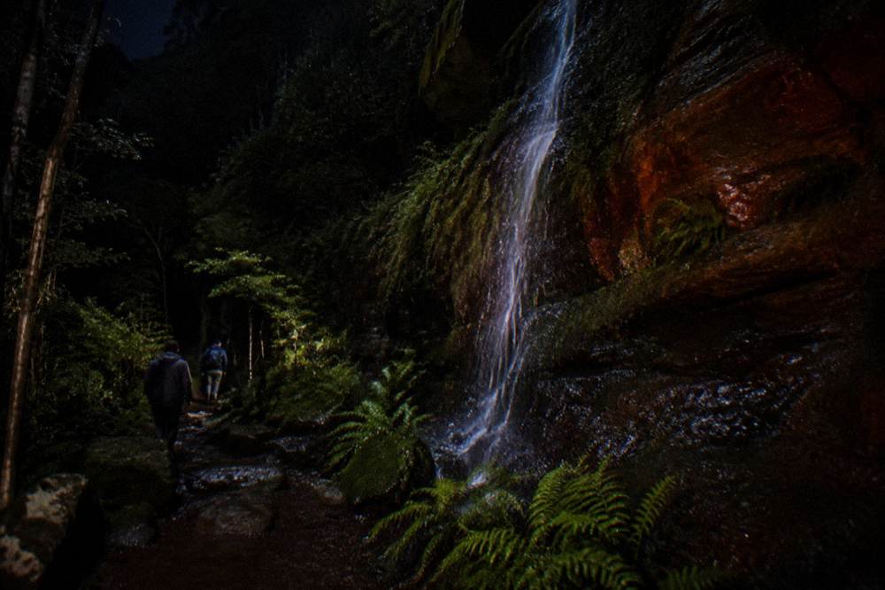 Waterfall flowing over a rock face in a dim forest gully at night
