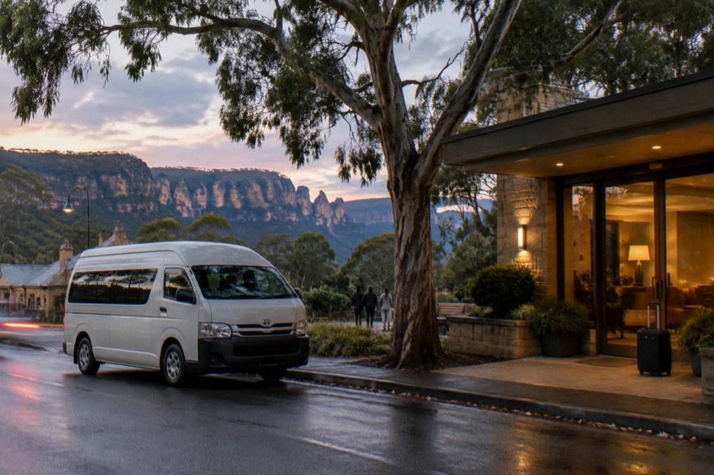 Evening city hotel forecourt with a small van waiting for a tour pickup
