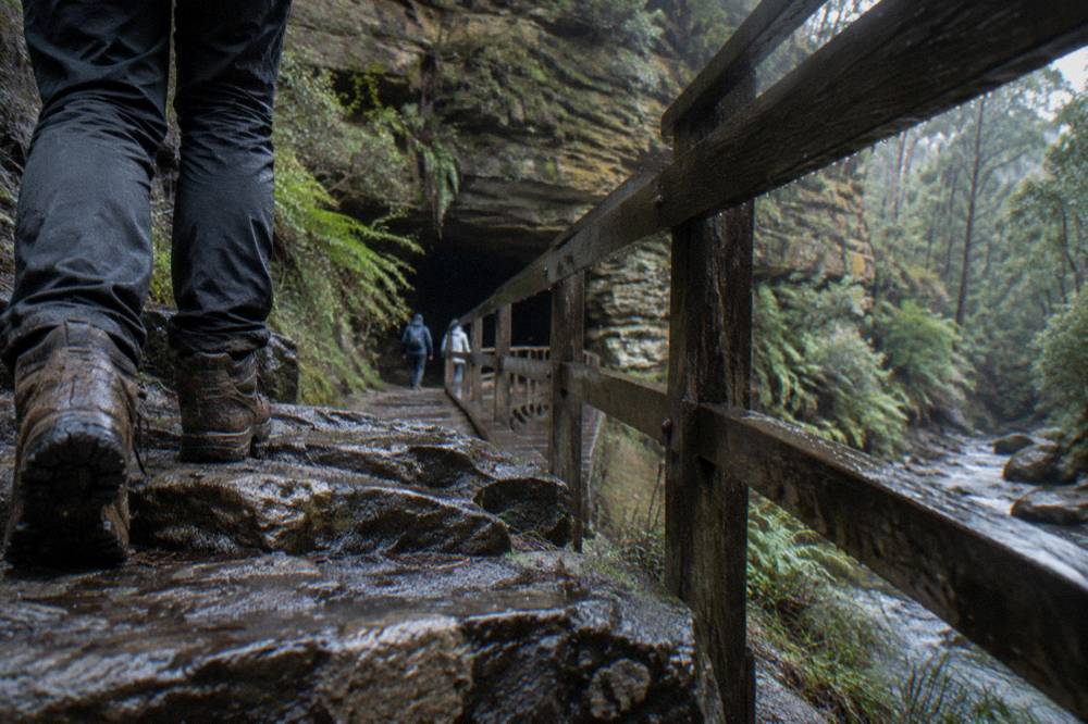Muddy hiking boots on wet stone steps beside a timber bridge in bushland