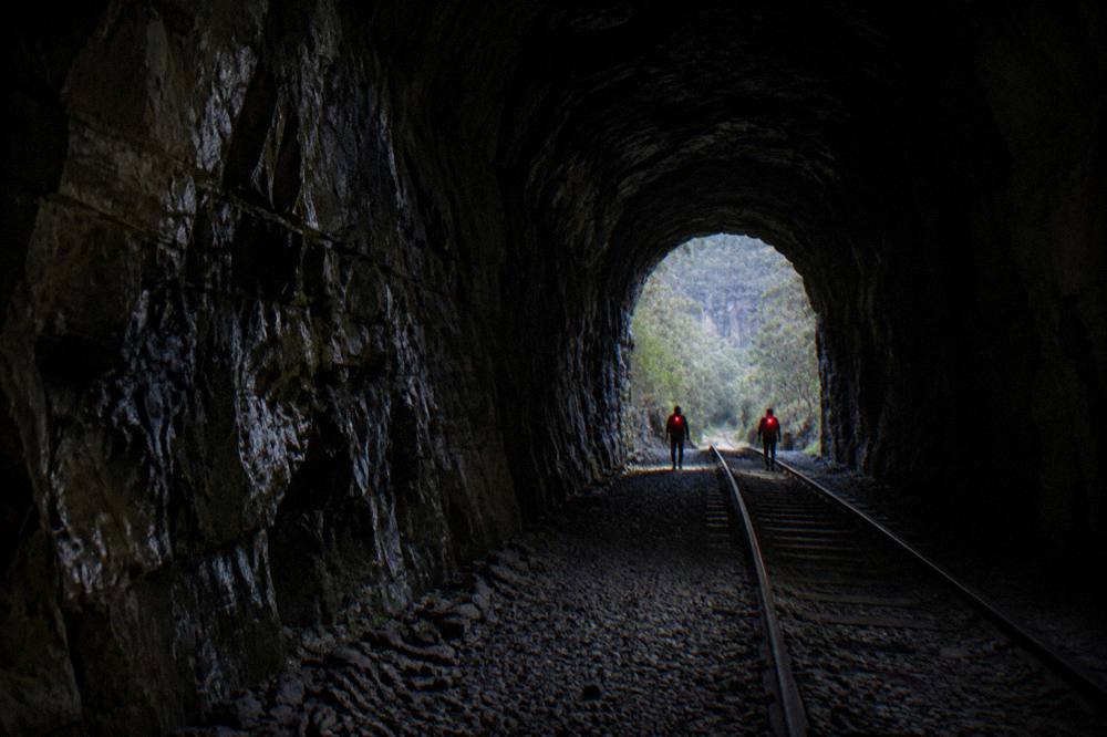 Headlamps glowing along a bush track at night in the Blue Mountains